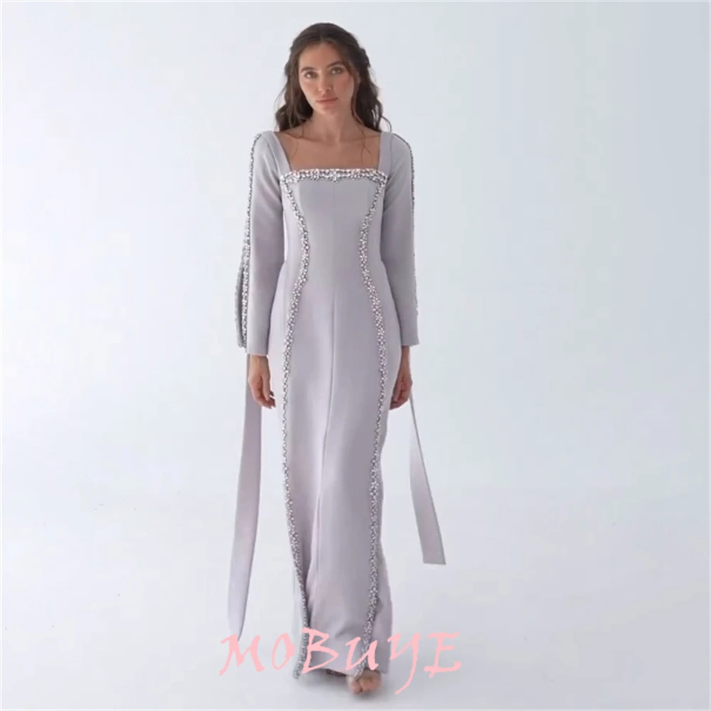 MOBUYE-Robe de Rhà col carré pour femme, longueur au sol, manches longues, robe de soirée élégante, mode populaire, 2024