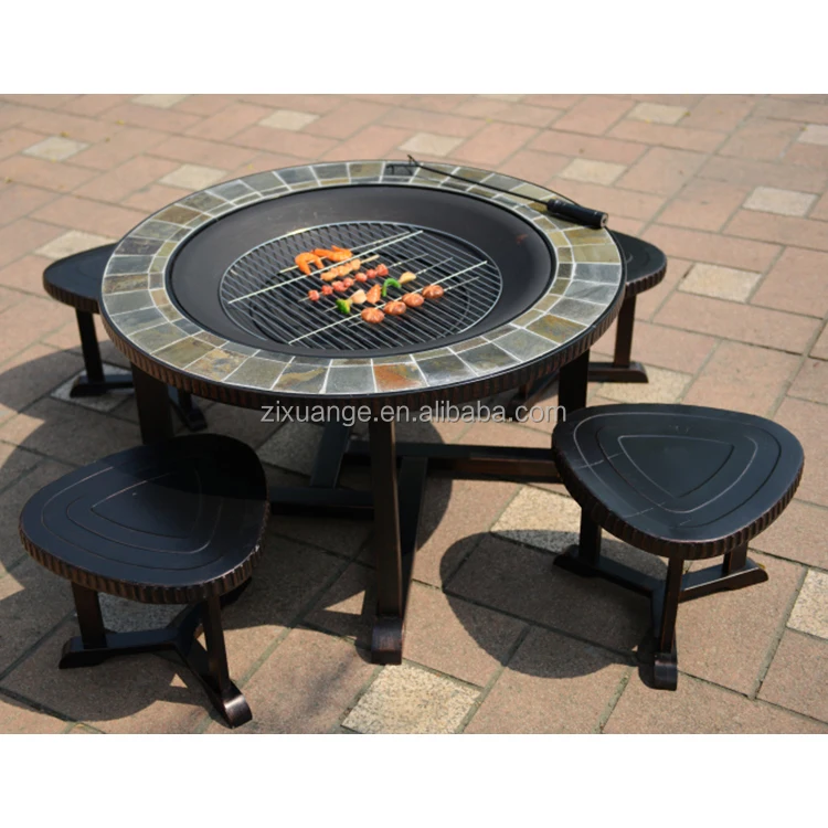 

Outdoor Garden Patio Waterproof Furniture Cast Aluminum Barbecue Grill Table Fire Pit Dining Table Charcoal Bbq Table Sets