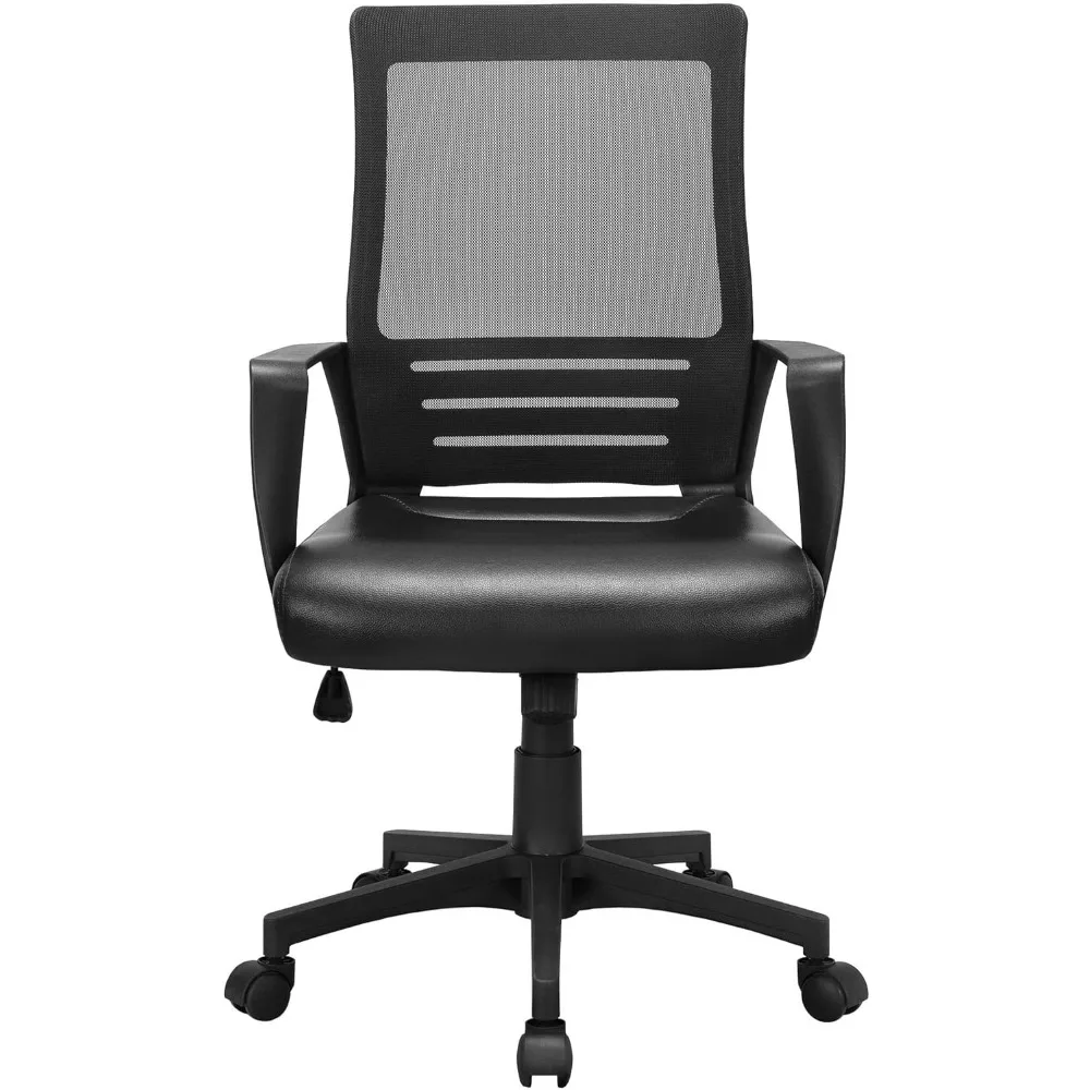 Chaise de Bureau Ergonomique avec Siège en Cuir et Dossier en Maille, Combinaison de Chaise d'Ordinateur avec Support Lombaire, Fauteuil Noir