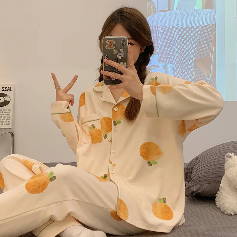 Spring Autumn Women's Imitation Cotton Pajamas Lapel Long Sleeve Cardigan Pants Loose Home Clothing Girls Cute Sweet Sleepwear
