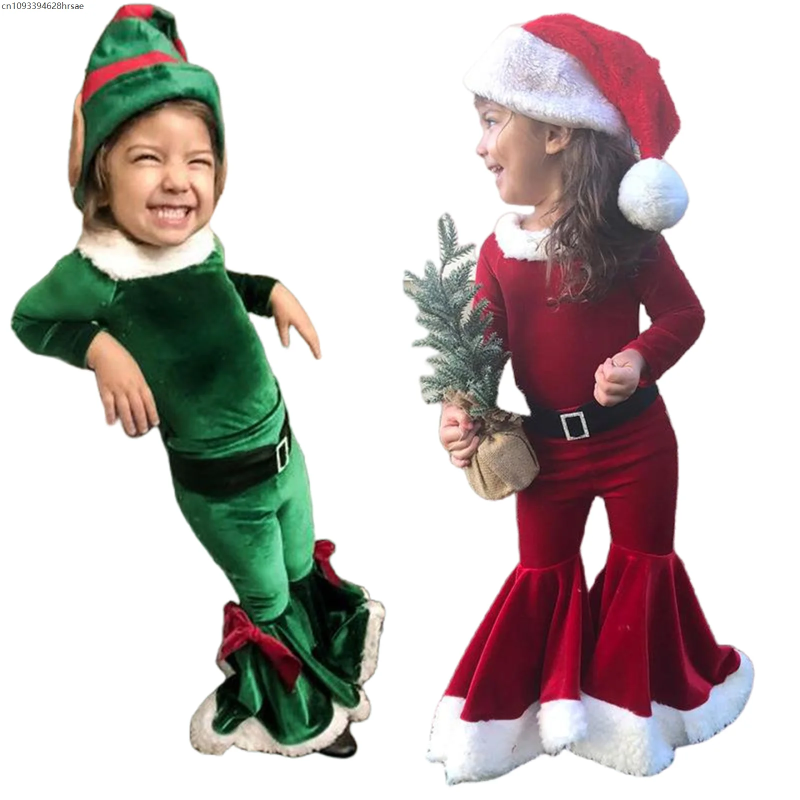 الأطفال عيد الميلاد عيد الميلاد قزم سانتا كلوز تأثيري حلي الفتيات طويلة الأكمام مع السراويل المتوهجة قبعة موضوع فستان الحفلات الزي