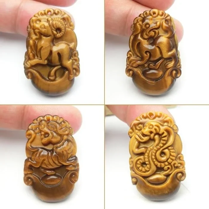 Natural Tiger Eye Stone Chinese Zodiac Pendant Fashion Hand Carved Jade Necklace Lanyard Male Female Amulet Fine Jade Jewelry