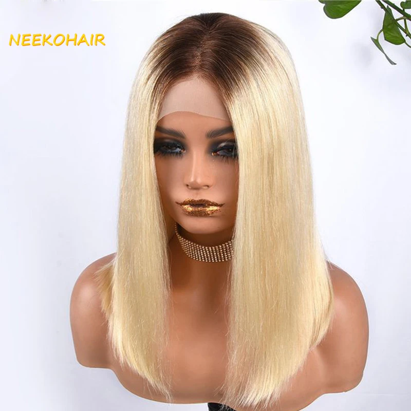 Perruque Bob Lace Front Wig Naturelle, Cheveux Courts, Blond Miel Ombré, 13x4, T4/613, Densité 150%, pour Femme