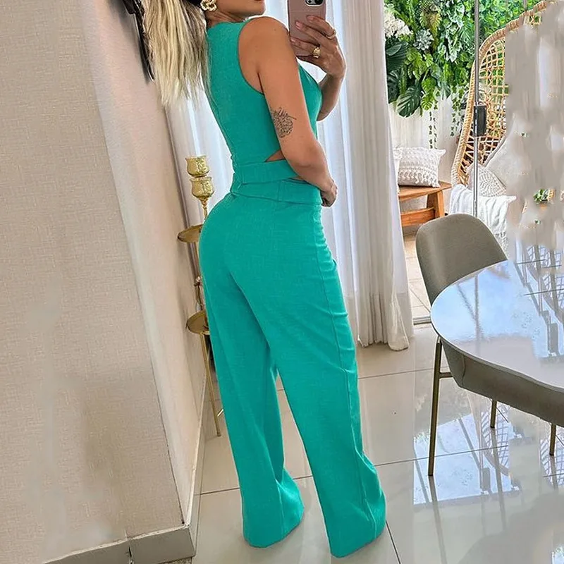 2024 Fall Women's New Fashion Casual Slim-fit Temperament Button-down Sleeveless Top Wide-leg Pant Suit Commuter Two-piece Suit