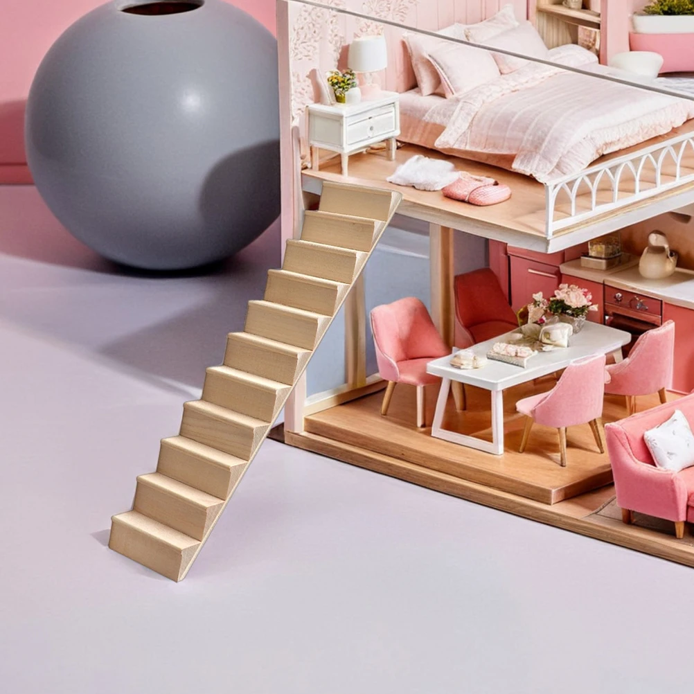 3Pcs Lifelike Mini Stairs 1:12 Scale Unpainted Wood Steps for Dollhouse Furniture DIY Customizable Decor Natural Finish Design