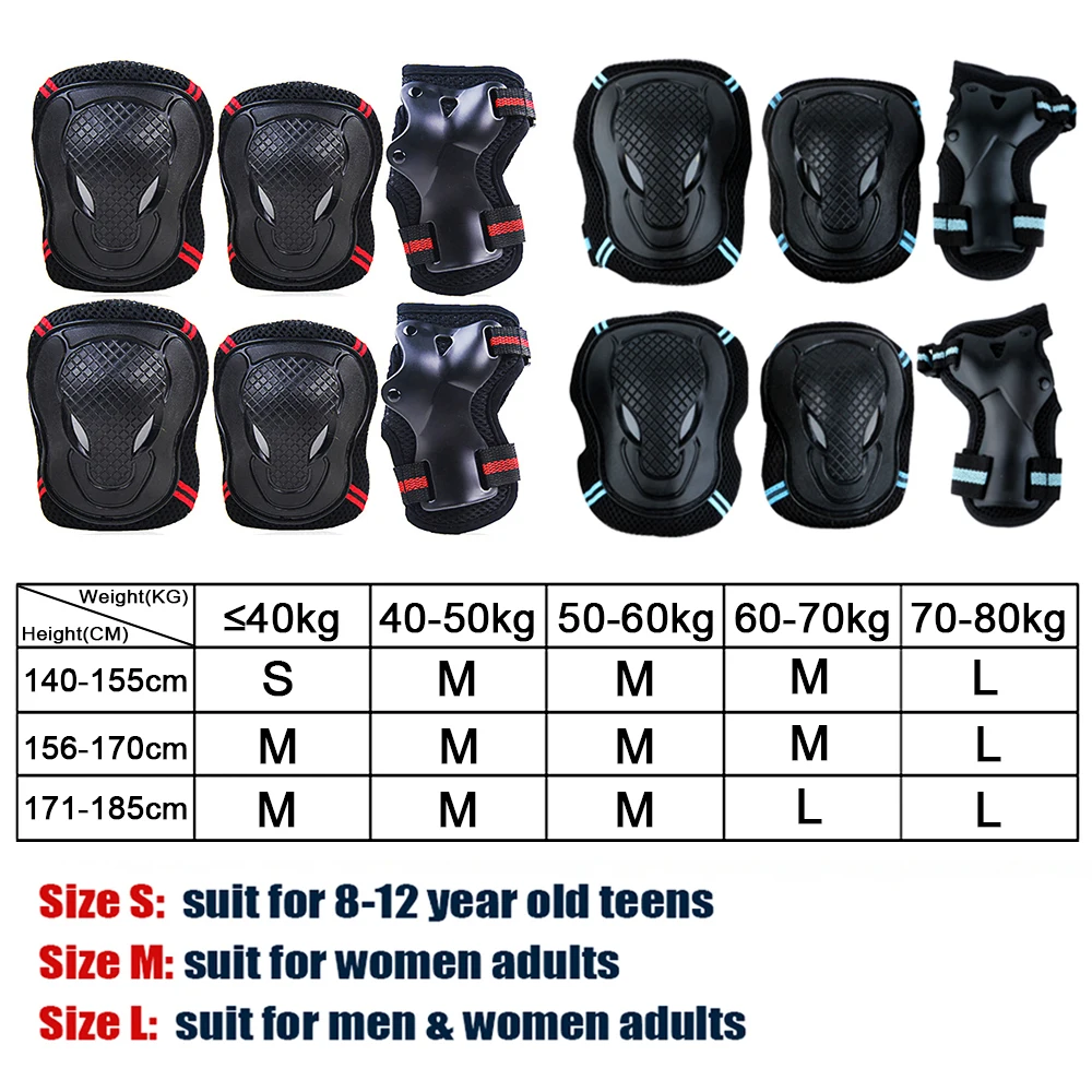 BraceTop 6Pcs/set Teens & Adult Knee Pads Elbow Pads Wrist Guards Protective Gear for Roller Skating Skateboarding Cycling Sport