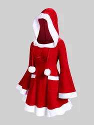 ROSEGAL Plus Size Christmas Women Dresses Two Tone Balls Flare Sleeves Hooded Mini Dress Fall,Winter Casual Colorblock Dress 4XL