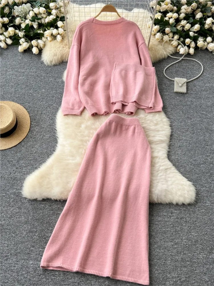 Elegant Knitted 3 pieces Set Single Breasted Strapless Vest Long Sleeve Cardigan + A-Line Solid Skirt Autumn Y2K Casual Outfits