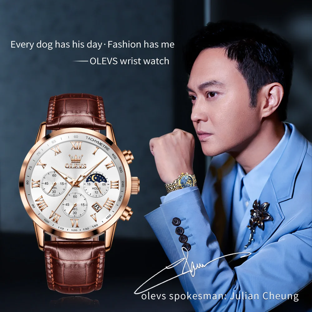 OLEVS Luxury Original Quartz Watch For Men Big Dial Chronograph Man Watches Moon Phase Waterproof Leather Fashion Wrist Watch