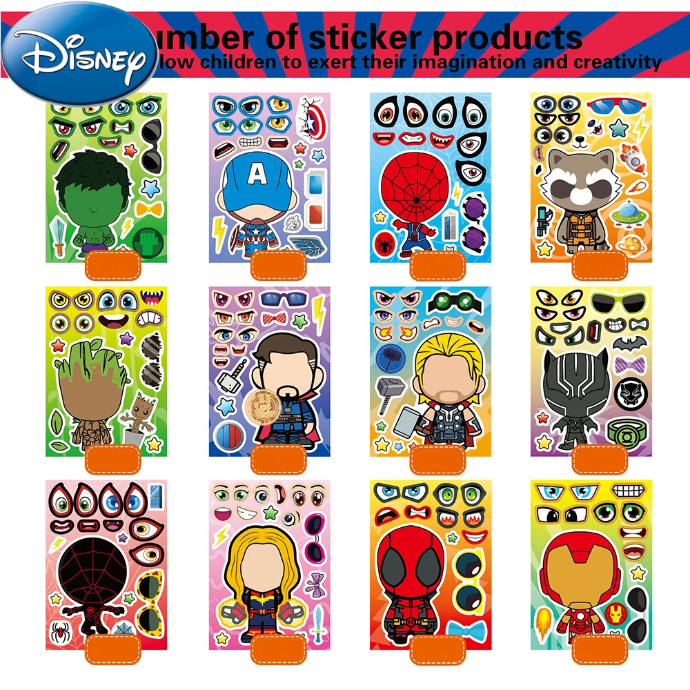 

6/12Sheets Disney The Avengers Puzzle Anime Stickers Spiderman Iron Man Cartoon Make-a-Face Assemble Decal Assemble Jigsaw Decal