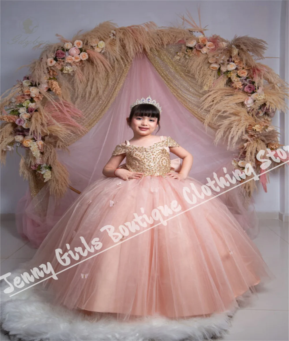 

Pink Off- Shoulder Girl Elegant Dress Bow Trailing Long Wedding First Communion Birthday Princess Banquet Dress