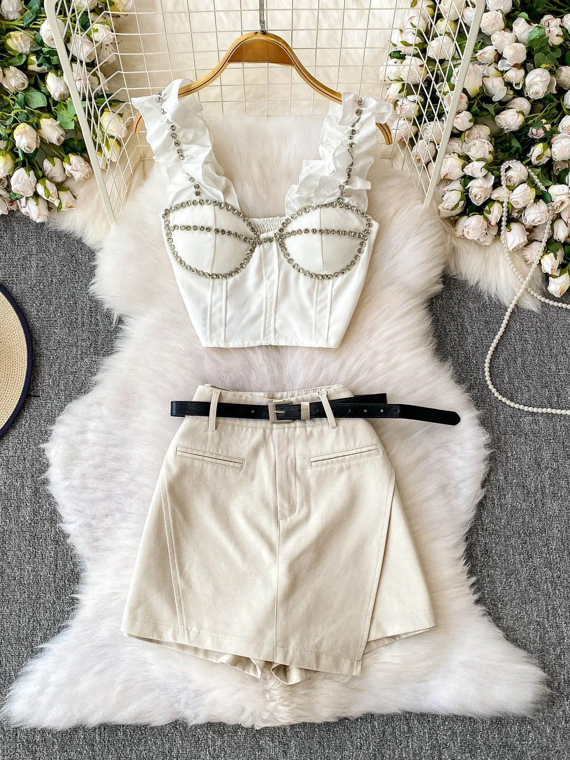 

Heavy Embellied Diamond Sexy Strap Vest High Waist Slimming Denim ort Skirt Two Piece Set ort Length V Ne Summer Faion