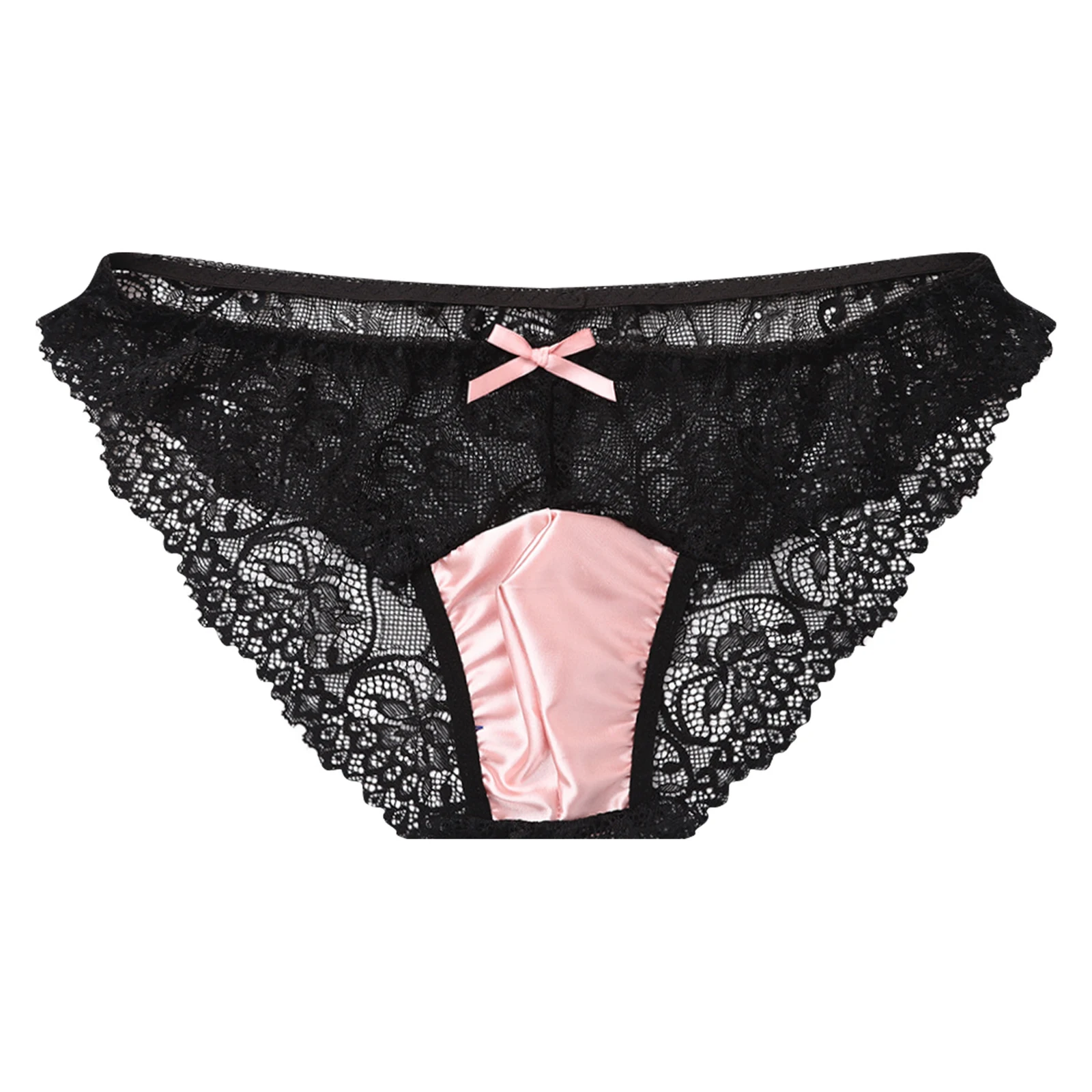 

Men Sissy Low Rise Underwear Satin Pouch with Bow Detail See Through Floral Lace Briefs Panties Fancy Lingerie for Nightclub