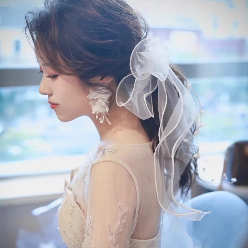 Women Short Veil For Bride Wedding Headdress Flower Bow Tulle Bachelorette Party Veils Engagement Dinner Hair Accessories image 5
