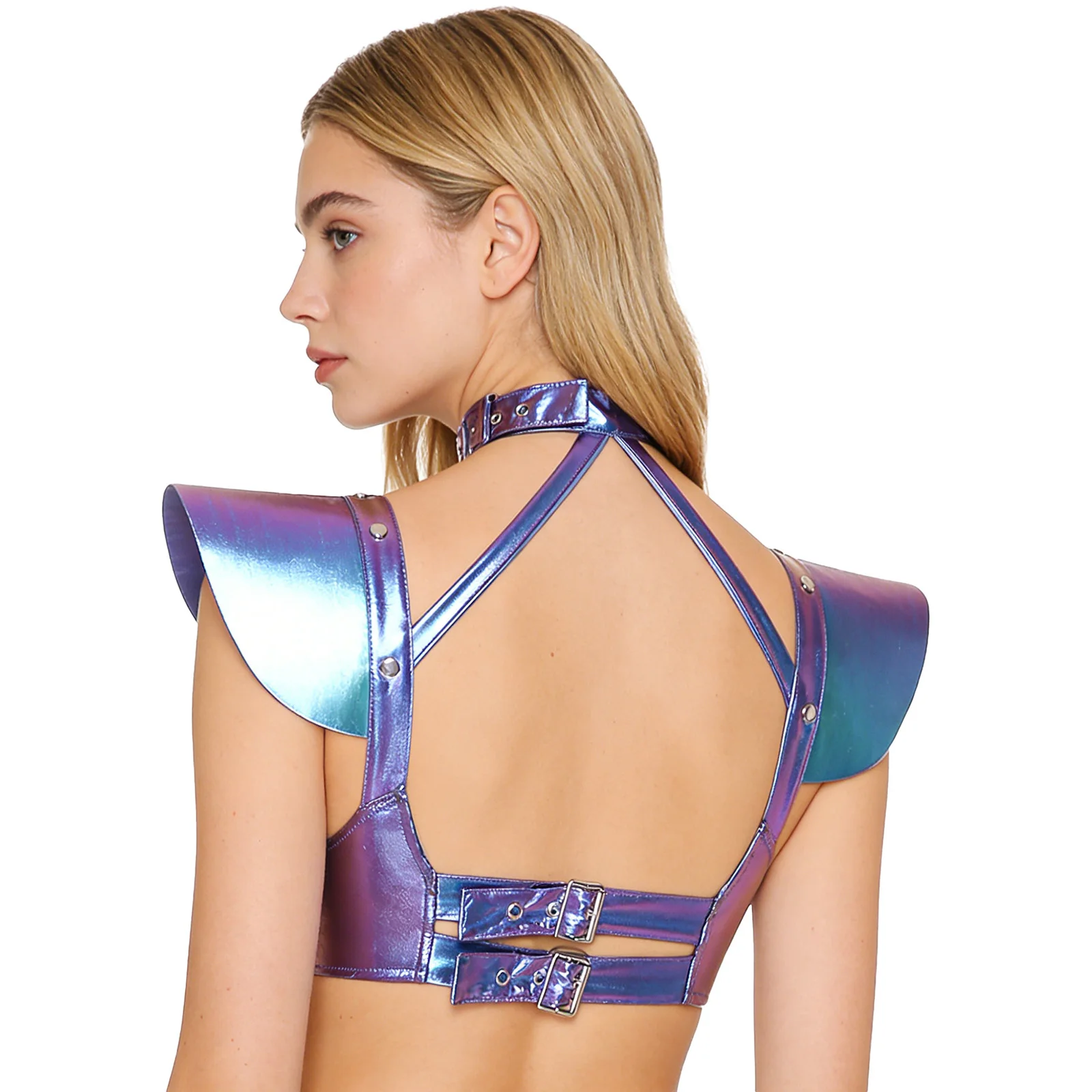 Women Edgy Gothic Disco Dance Crop Top Metallic Shine And Adjustable Buckle Corset Halter Fly Sleeve Top with Studs Clubwear