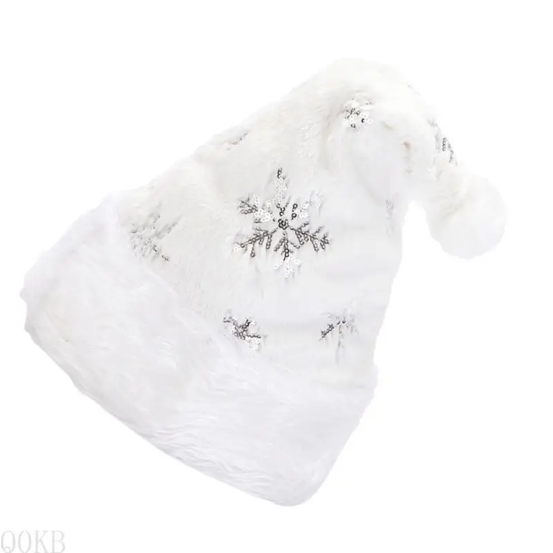 AP28 White Plush Christmas Hat   Costume for Adults Men Women with Gold/Silver Snowflake Soft Holiday Decor Supply