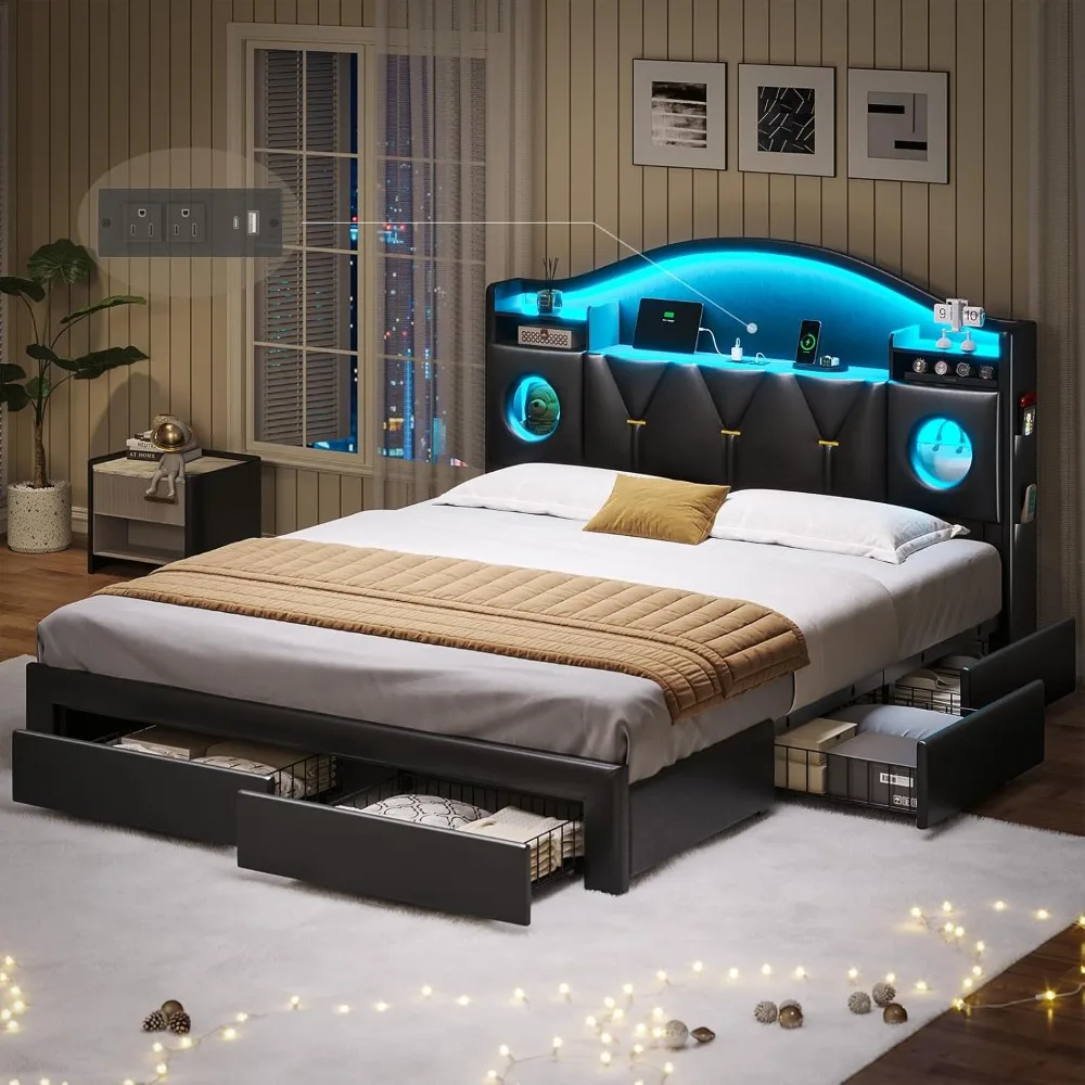 Bed Frame with 6 Storage Drawers, Platform Bed Frame Queen Size with Headboard, LED Lights & Charging Station, Queen Bed with M