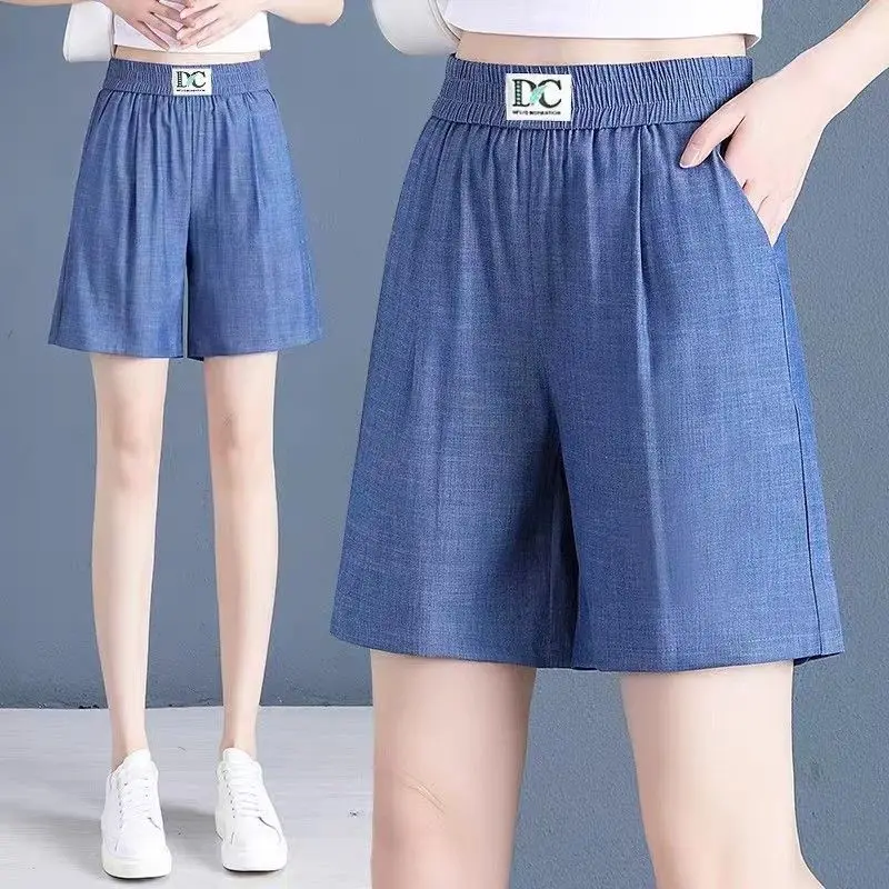 2024 New Summer office Lady Simplicity pocket Solid color Elastic waist Thin shorts Ladies All-match Elasticity High Waist pants