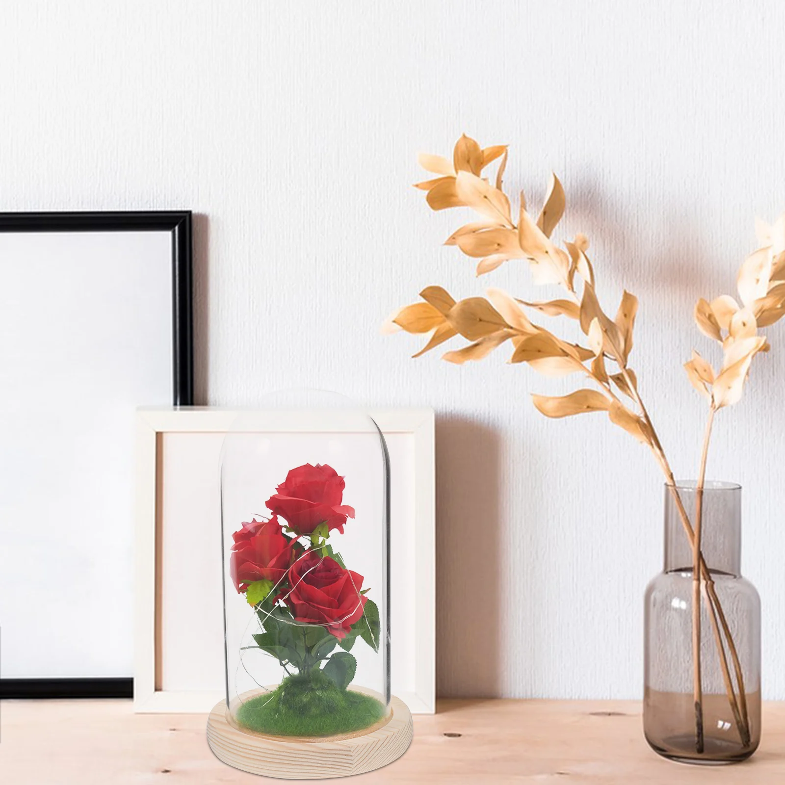 

Clear Glass Dome with Wood Base Preserved Flower Display Cloche for Valentine's Day Decorative Home Office Ornament