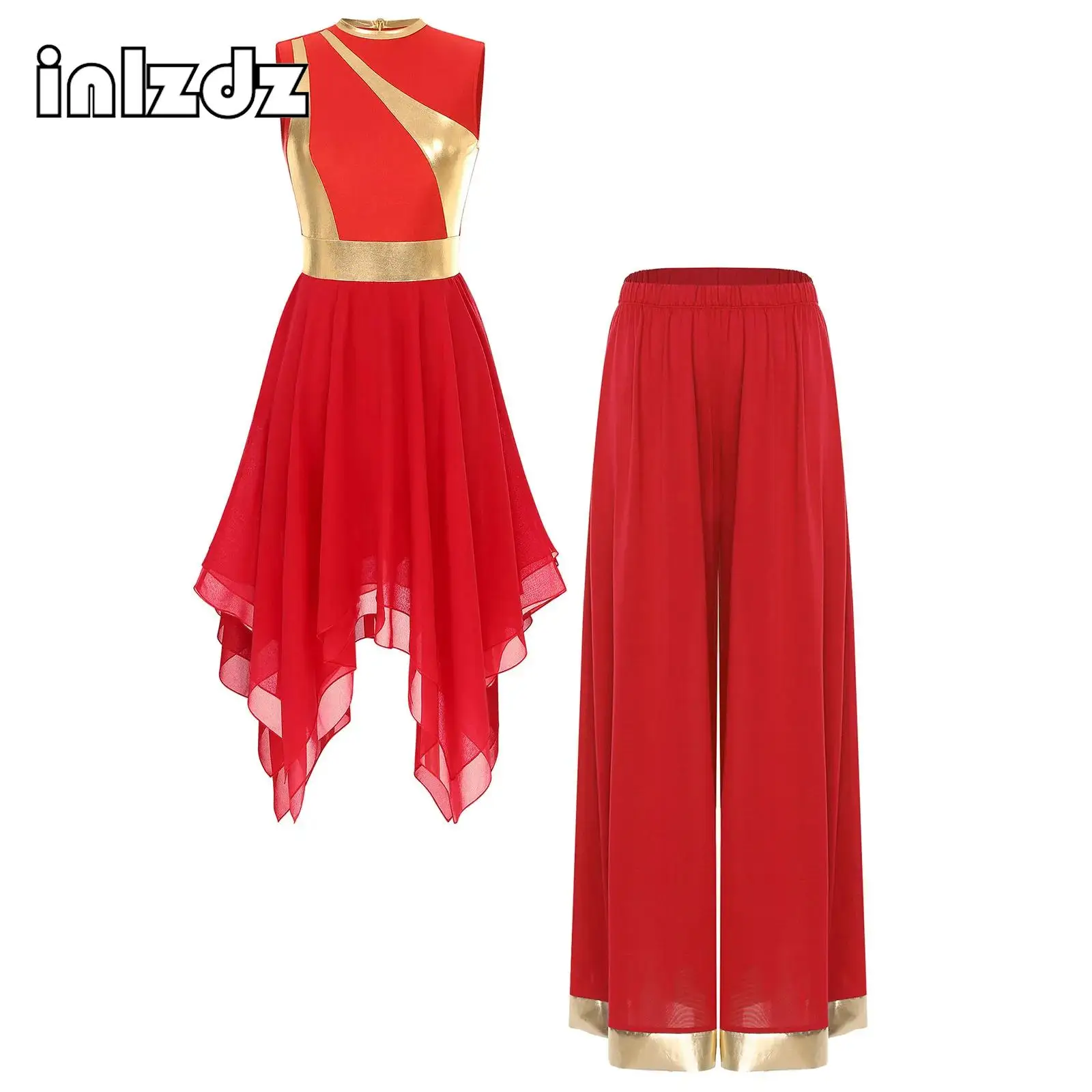 

Womens Worship Praise Dance Outfit Sleeveless Irregular Hem Dress and Wide Leg Pants Metallic Shiny Patchwork 2-piece Costume