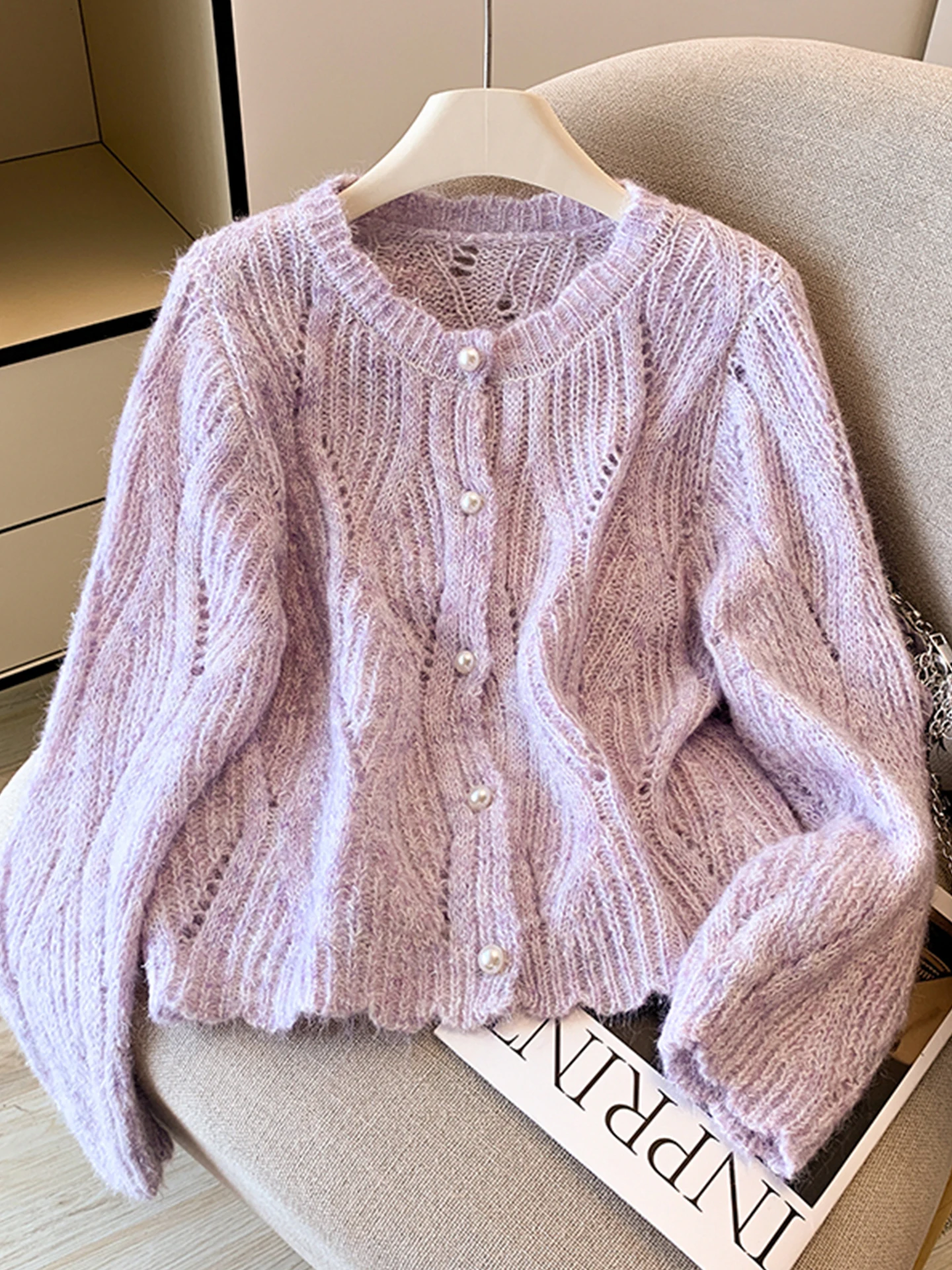 

Emily Clud Recommended round Ne Hollow out Knitted Cardigan Women's Long Sve Sweater Coat Autumn Winter Faion Outerwear