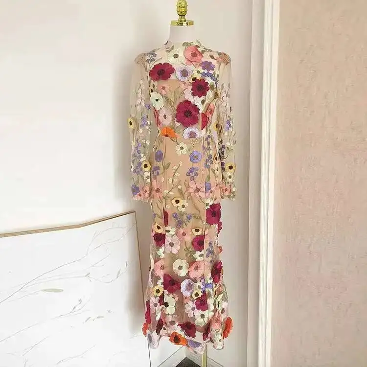 فستان سهرة متوسط الطول ، أكمام طويلة ، فاخر ، تطريز زهور ثلاثي الأبعاد ، رداء حفلة موسيقية ، مصمم علامة تجارية ، عطلة ، مناسبات رسمية جديدة ،