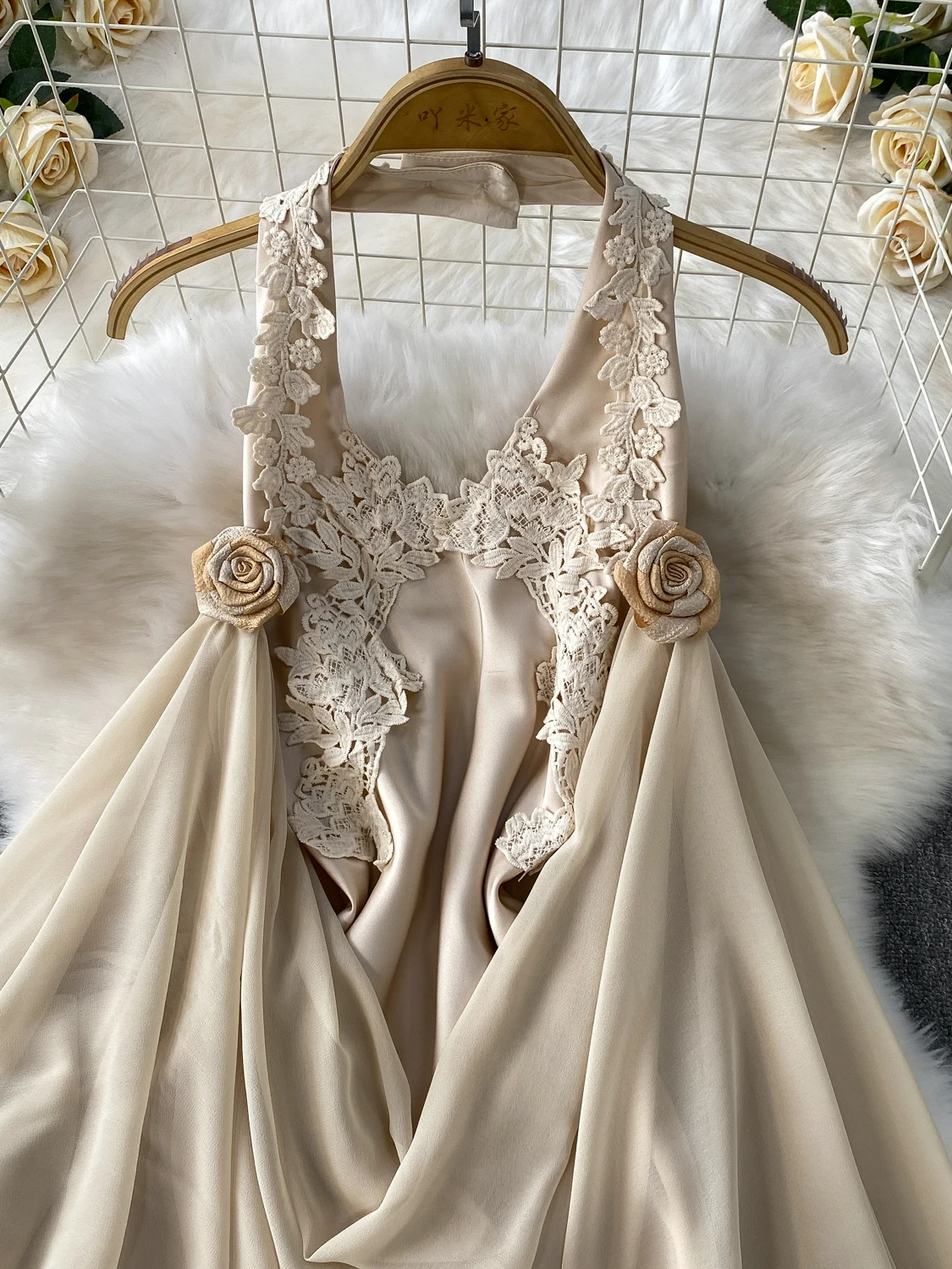 우아한 3D 플로럴 레이스 헤비 자수 V넥 모닝 로브 드레스 여성 여름 고급 새틴 드레스 한국 스타일 A라인 스커트