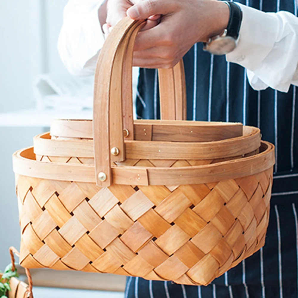 Wood Picnic Fruit Baskets With Folding Handles Bathroom Toy Storage Basket Gift Packing Basket Wedding Basket Desk Organizer