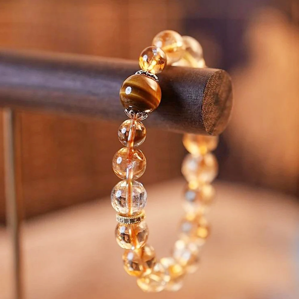 

Natural Yellow Tower Crystal Double Flower Beaded Wrist Ornament for Women To Increase Good Luck and Receive Wealth Tiger Eye