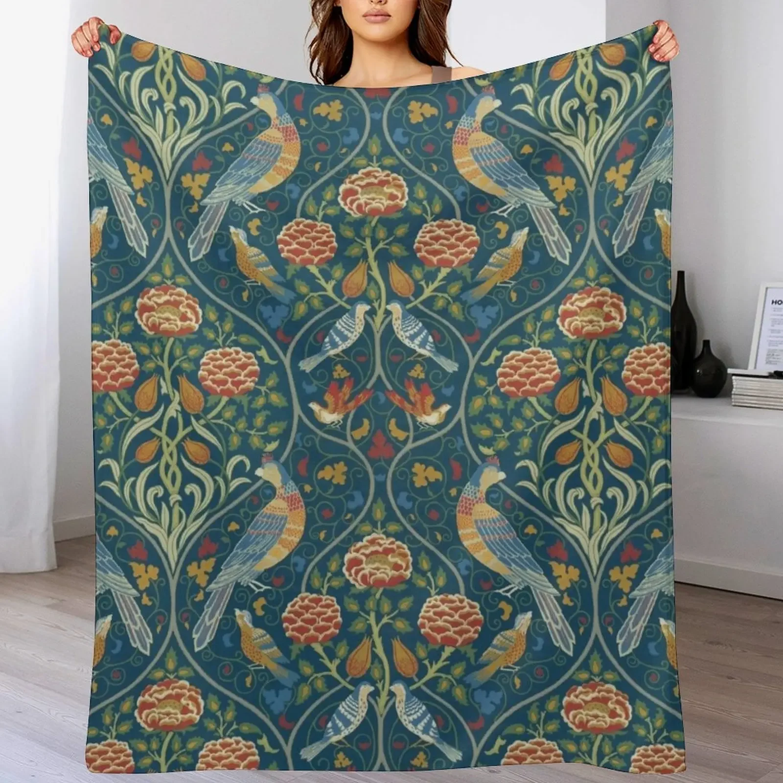 

Roses and Birds Vintage Pattern (Blue) by William Morris Throw Blanket valentine gift ideas For Sofa Thin Blankets