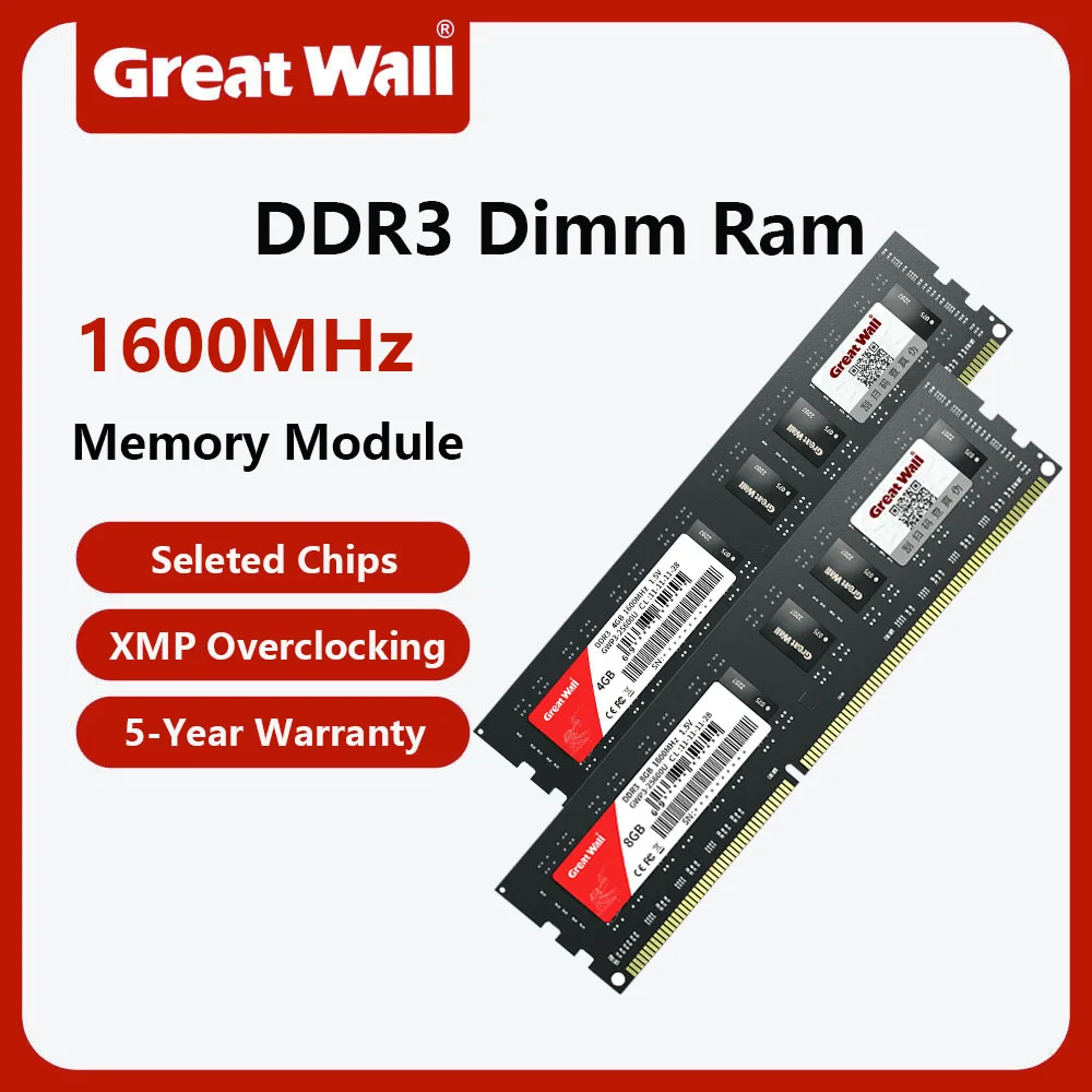 

Great Wall 4GB 8GB Desktop Ram DDR3 DDR3L 1600MHz 25600U 1600MHZ DIMM 1.5V 240 Pin Memoria Computer Rams