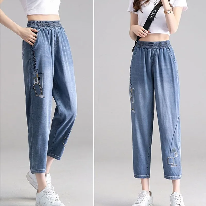

Pants Plus Size Jeans Women Summer New Super Thin Breathable Embroidered Harem Pants Drape Slim Loose Denim Trousers