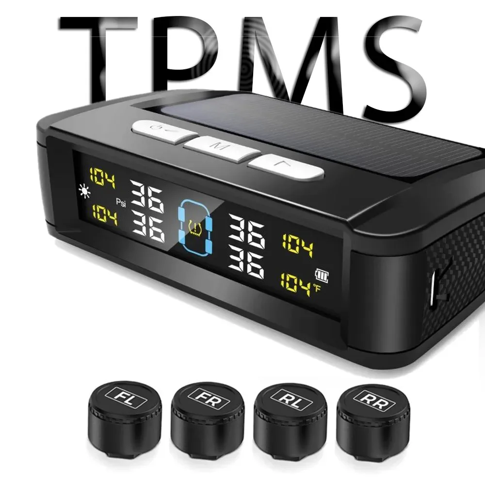 Sistema Universal TPMS de Monitoramento de Pressão de Pneus para Carros com 4 Sensores, Display Solar e Alerta Inteligente de Temperatura e Pressão dos Pneus