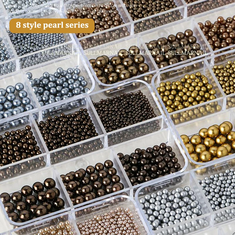 

6 Grids Maillard Round Pearls Manicure DIY 3D Nail Art Decoration Mixed Size Manicure Beads Autumn And Winter Nail Art Jewelry