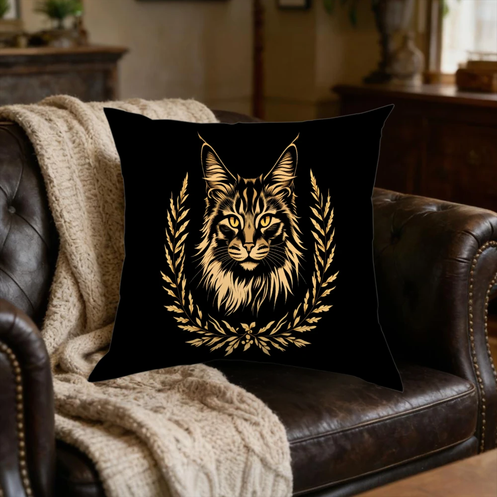 1 funda de cojín de lujo con diseño de corona de gato Maine Coon dorado, funda de almohada negra para sofá, dormitorio, decoración del hogar, suave y cómoda.