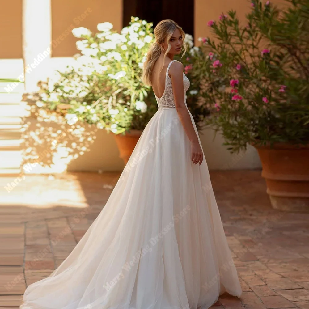 魅力的な A ラインのウェディングドレスセクシーなディープ V ネックレースフラワープリントノースリーブプリンセスブライダルドレス背中の開いた Vestido カスタマイズ
