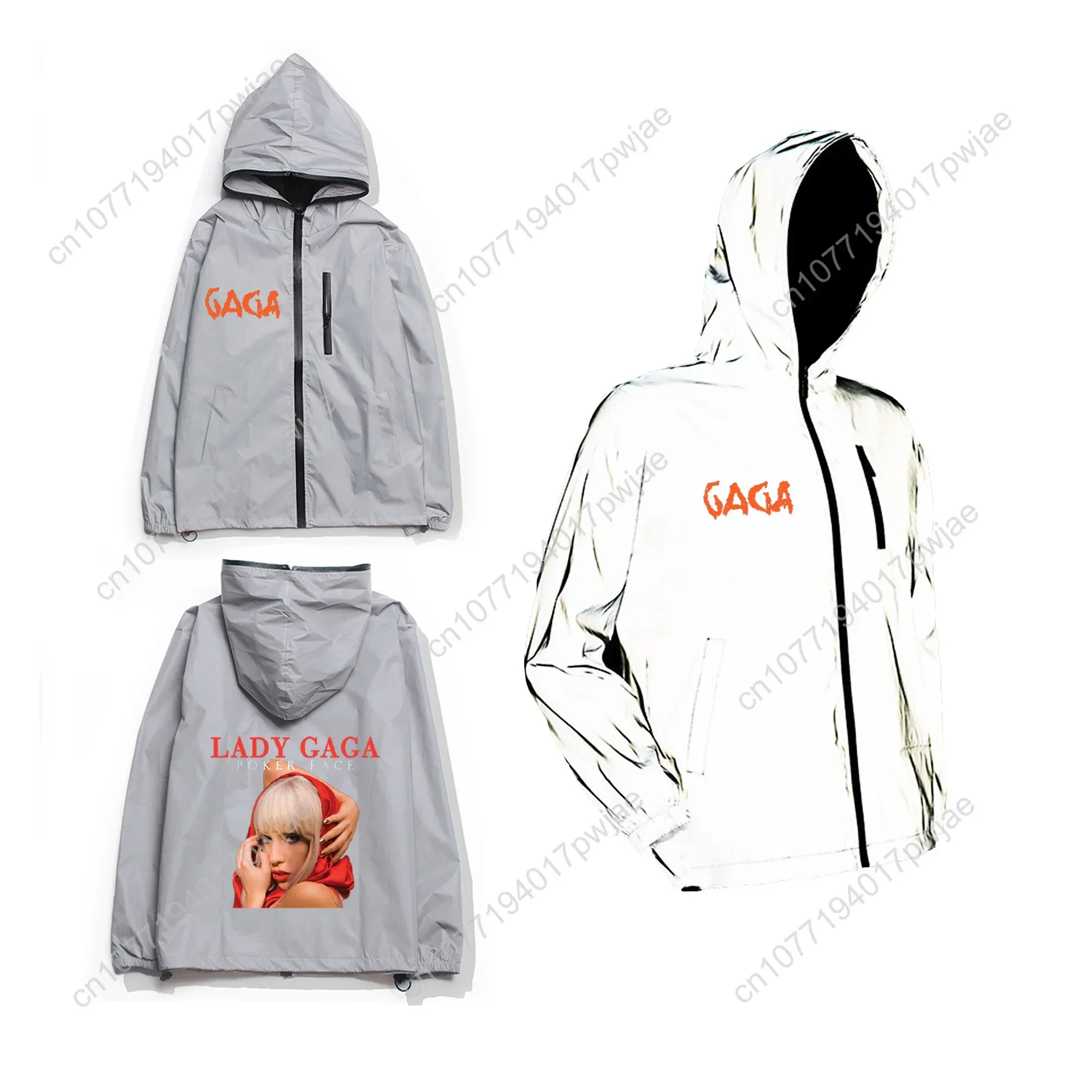 Lady Gaga Singer Reflective Jacket Mens Womens Coat Hooded Windbreaker Run Pocket Jackets Hiking Zipper Customized Hoodie