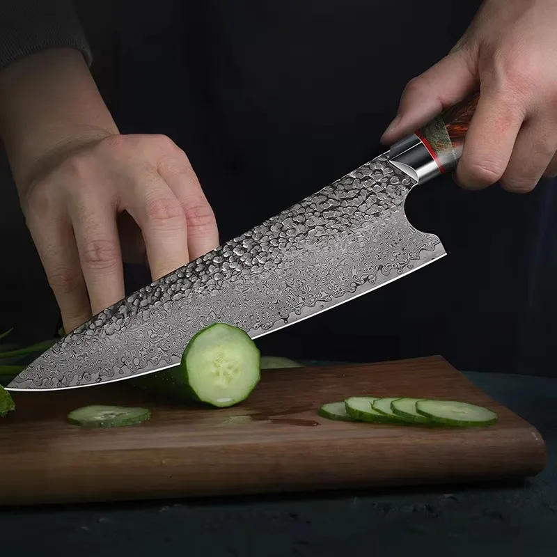 FZIZUO 8-inch Chef Knife with Ironwood and G10 Handle Japanese Handmade Damascus Steel Kitchen Vegetable Fish Knives with Sheath