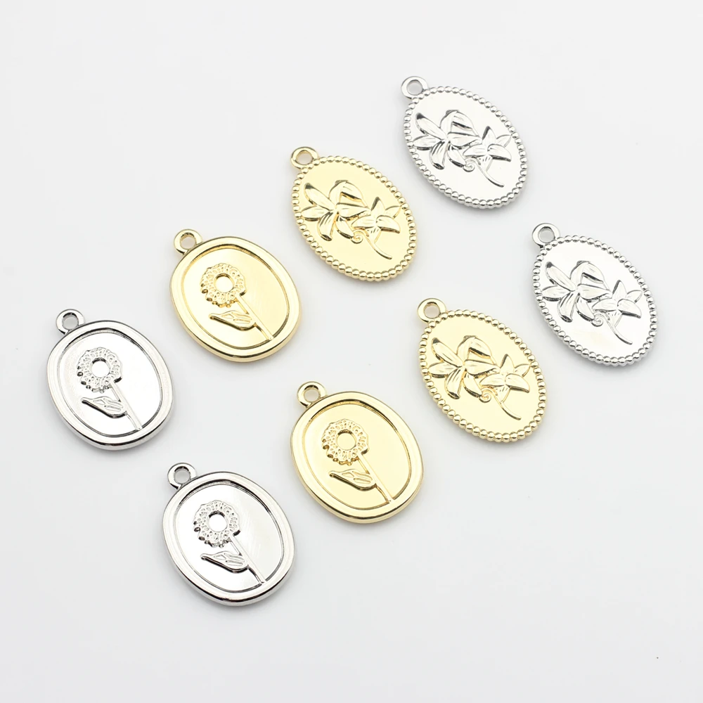 Zinc Alloy Charms Oval Flowers Coin Charms Pendant 10pcs/lot For DIY Fashion Necklace Jewelry Making Accessories