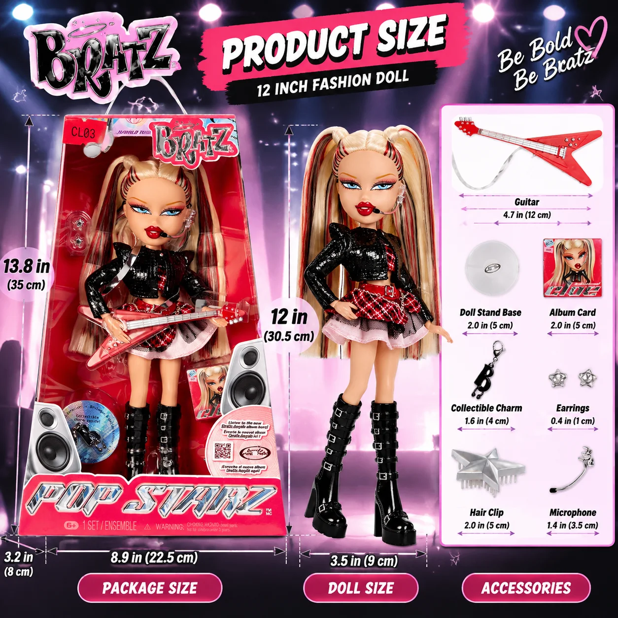 Original Bratz Pop Starz Fashion Dolls Series Pop Idol with Microphone  Star Hairbrush Earring Accessories Kids Collectible Toys