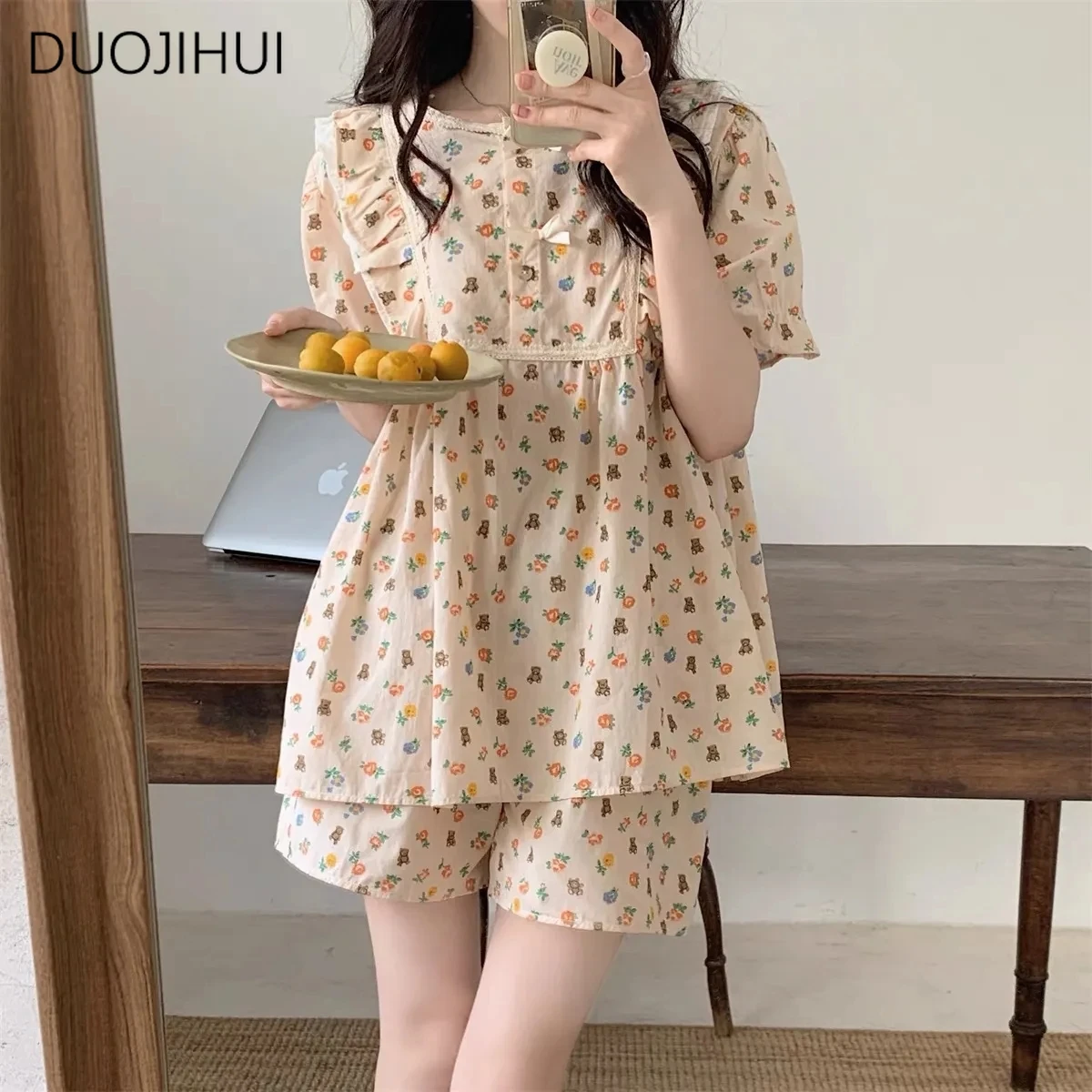 DUOJIHUI-Pyjama imprimé chic pour femme, pyjama décontracté pour la maison, pull basique, simple, court, mode, doux, ensemble de pyjama féminin, nouveau, été