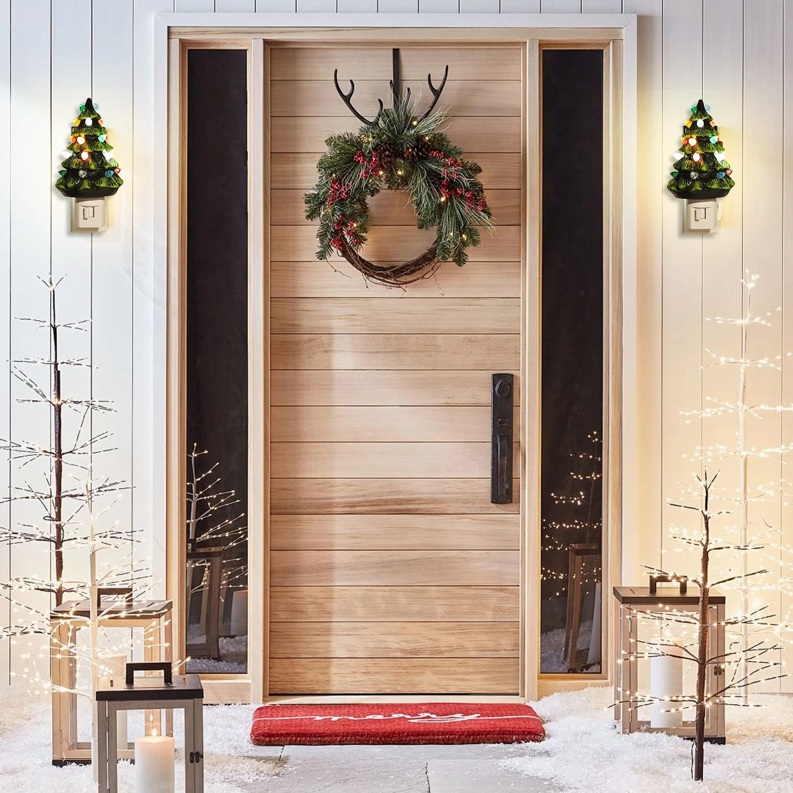 Luce notturna per albero di Natale in ceramica, luce notturna da parete per albero di Natale verde vintage, luce notturna ergonomica dipinta a mano