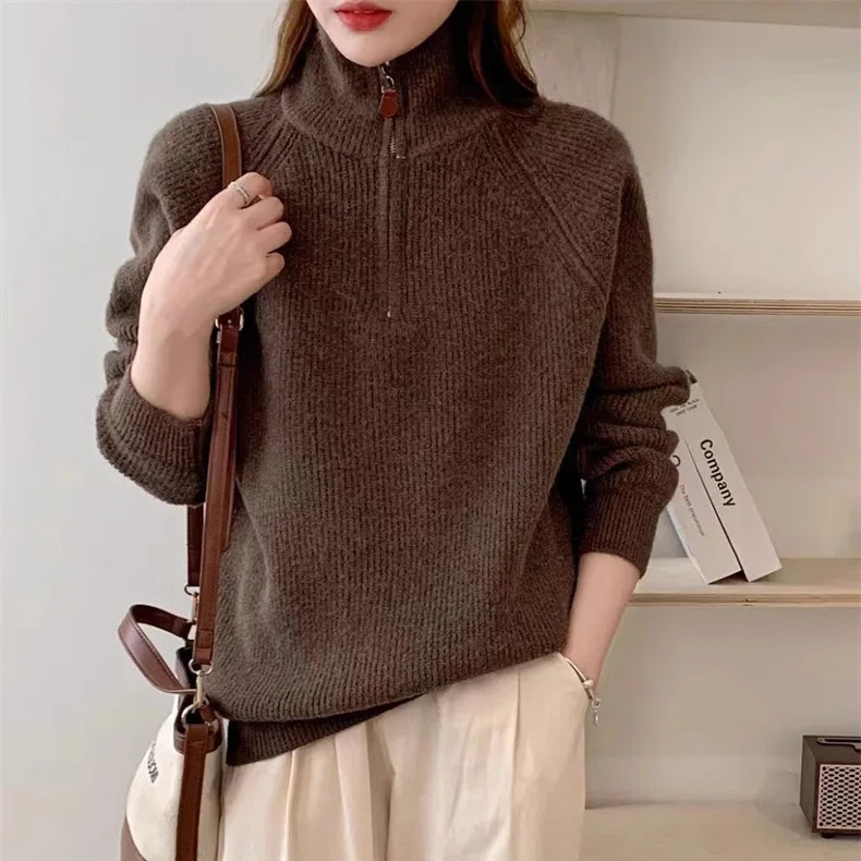 ゆったりとしたニットのアウターウェア、秋冬の新しいスタイル、女性用ハイカラーセーター、ハーフジップ、厚みのあるフリップカラー