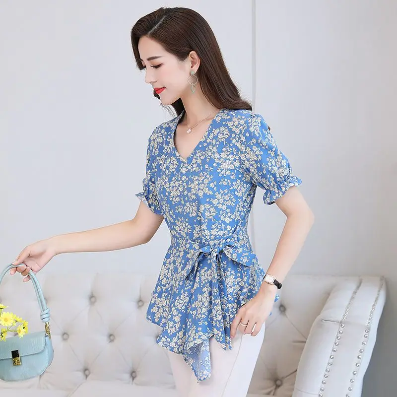 Elegant Ruffles Folds Bandage Bow Irregular Floral Blouse Women\'s Clothing 2023 Summer Loose Casual Tops Asymmetrical Shirt