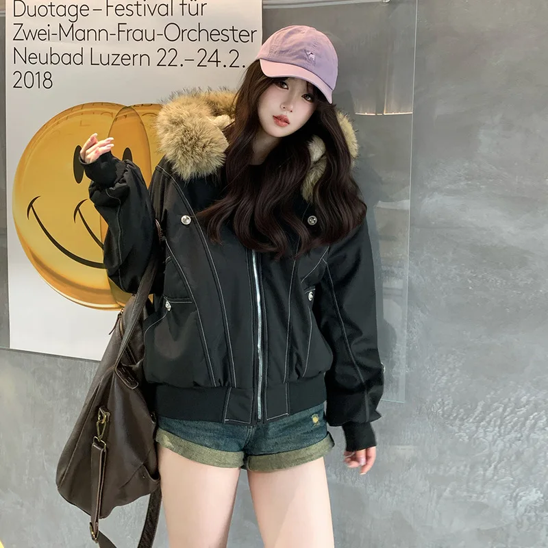 American Retro Big Fur Collar Cotton Clothes Women Parkas Winter Pie Overcome Loose Thicke Short Tooling Couple Jacket Outerwear