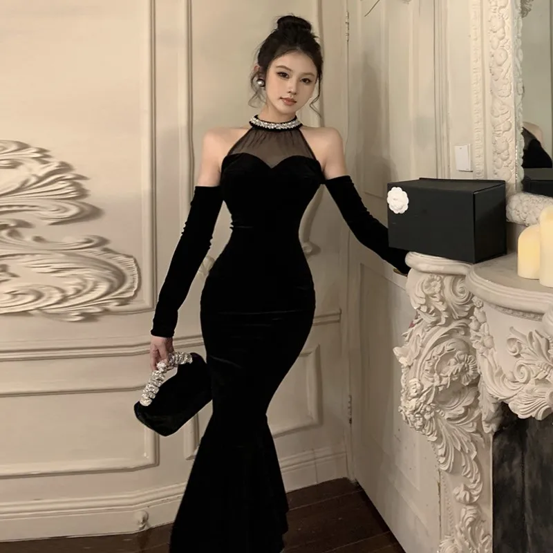 Heavy drill neck off-the-shoulder party style high waist slimming fishtail velvet dress