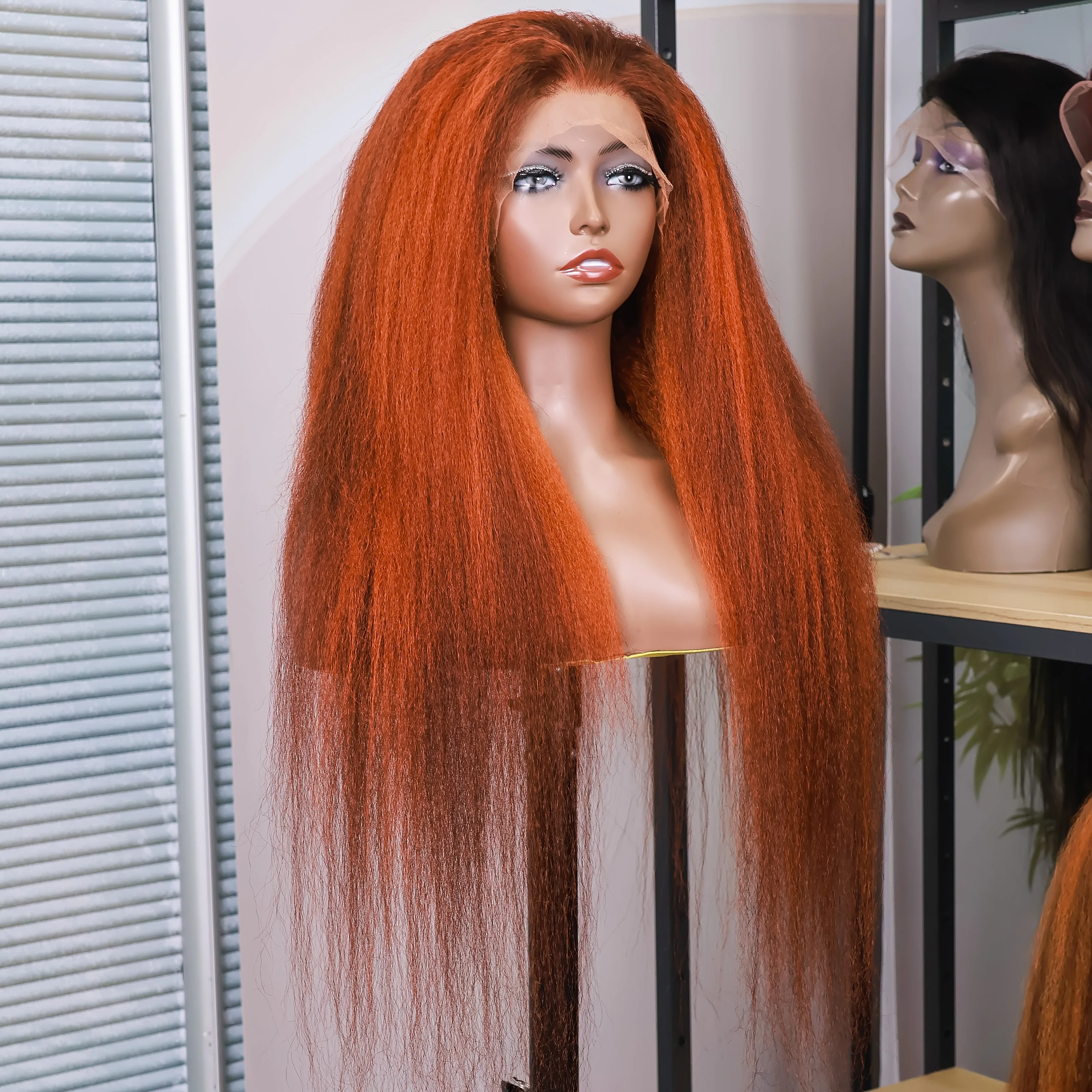Kinky Straight 4/350 Highlight 13x6 HD Lace Frontal Human Hair Wigs Ginger Brown Piano Colored Yaki Straight Human Hair Wig 200% - view 3
