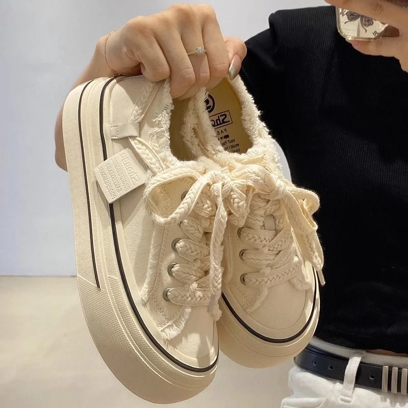 Retro Casual Board Sneakers Vintage Frayed Edge Canvas Plimsolls For Women Braided Shoelaces Chunky Trainers Platform Gym Shoes