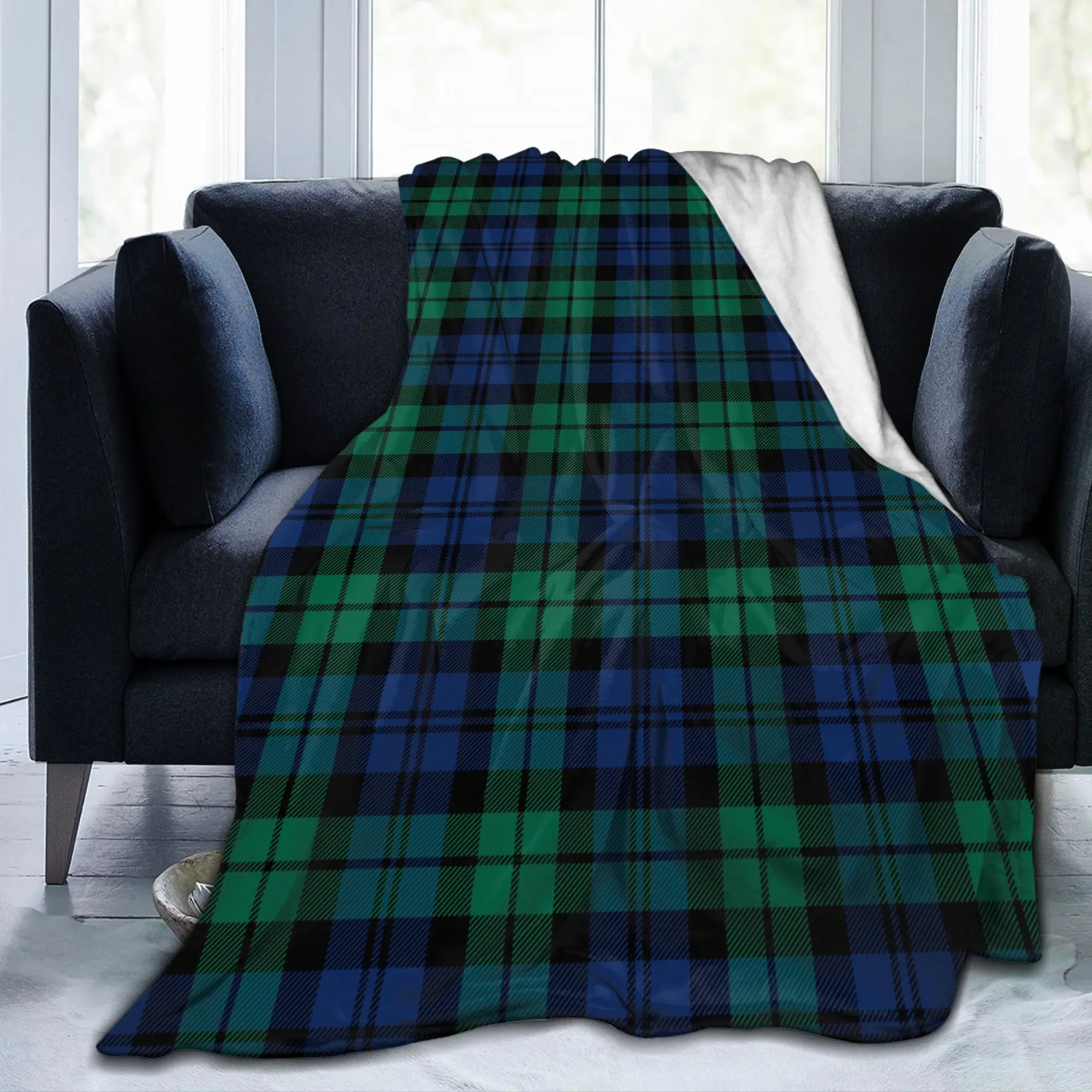 

Rustic Green and Blue Black Watch Plaid Holiday Blankets Fleece Multi-function Throw Blankets for Bedding Plush Thin Quilt