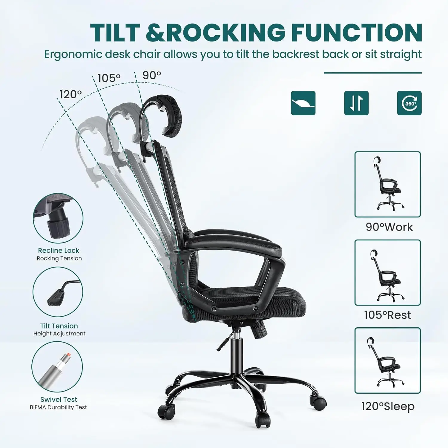 SMUG-silla ergonómica para ordenador de escritorio de oficina, asiento giratorio de espalda alta, cómodo, de malla, con ruedas, soporte Lumbar, ajustable